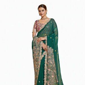Elegant Teal Organza Satin Green Saree with Intricate Embroidery for Weddings
